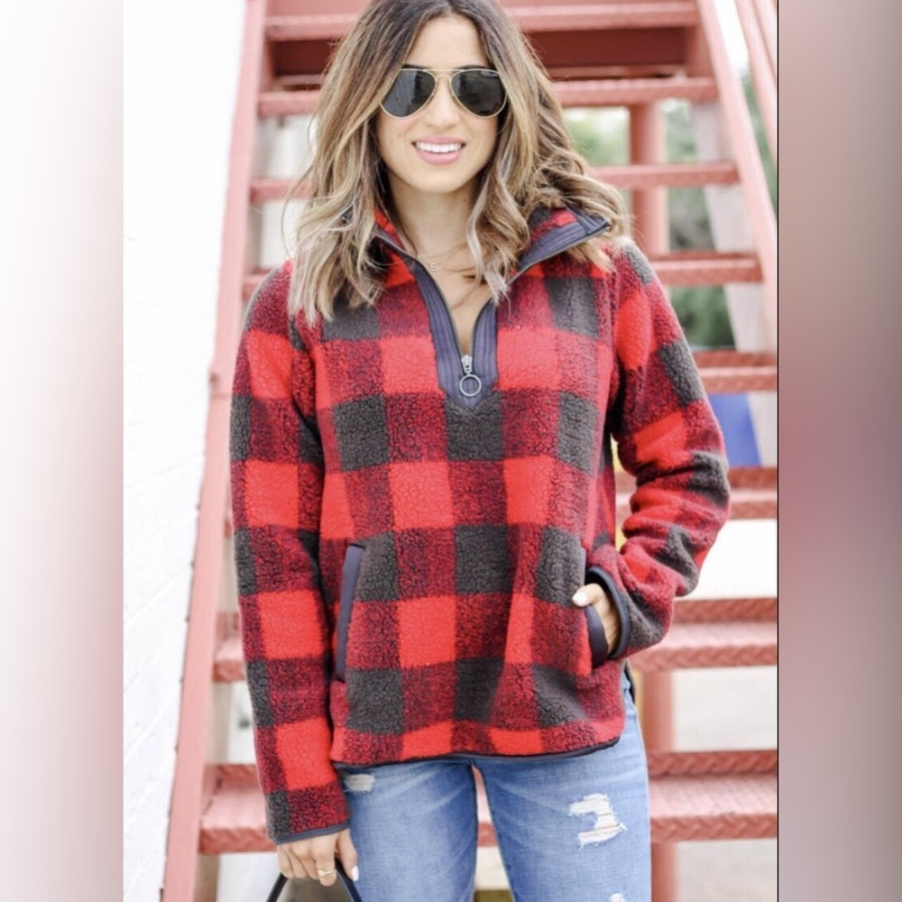 Red Buffalo Plaid Sherpa Fleece 1/4 Zip Pullover